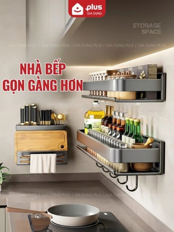 Kệ Nhà Bếp, Kệ Đựng Gia Vị Nấu Ăn Dán Tường Không Cần Khoan Đục, Chịu Tải 30Kg, Nhôm Chống Gỉ Sét