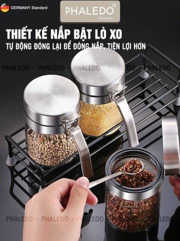 Lọ gia vị thuỷ tinh borosilicate, nắp & tay cầm inox 304 cao cấp đựng gia vị kín 100% chống ẩm, an toàn Phaledo PL-0338
