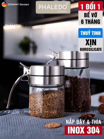 Lọ gia vị thuỷ tinh borosilicate, nắp & tay cầm inox 304 cao cấp đựng gia vị kín 100% chống ẩm, an toàn Phaledo PL-0338