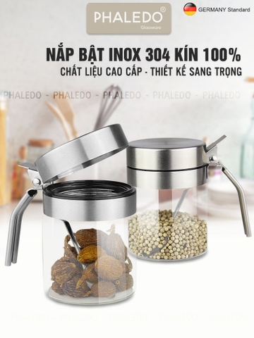 Lọ gia vị thuỷ tinh borosilicate, nắp & tay cầm inox 304 cao cấp đựng gia vị kín 100% chống ẩm, an toàn Phaledo PL-0338