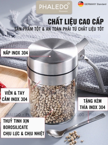 Lọ gia vị thuỷ tinh borosilicate, nắp & tay cầm inox 304 cao cấp đựng gia vị kín 100% chống ẩm, an toàn Phaledo PL-0338