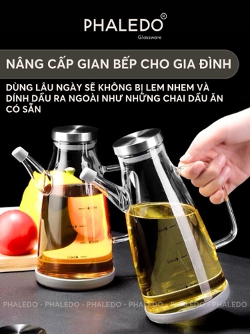 Bình  thuỷ tinh đựng dầu ăn, nước mắm dung tích lớn 1000ML cao cấp, nắp đậy kín bằng inox 304 & tay cầm PHALEDO P-0320