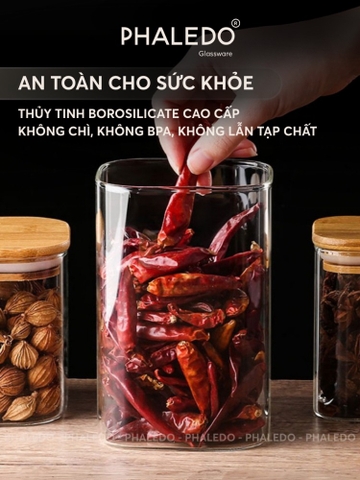 Lọ Thuỷ Tinh Có Nắp Gỗ Tre Borosilicate Chịu Nhiệt, Không Chứa Chì Cao Cấp PHALEDO - Nắp Vuông (PL-0372)