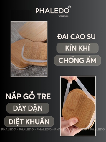 Lọ Thuỷ Tinh Có Nắp Gỗ Tre Borosilicate Chịu Nhiệt, Không Chứa Chì Cao Cấp PHALEDO - Nắp Vuông (PL-0372)