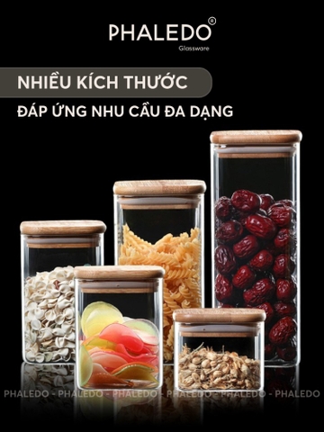 Lọ Thuỷ Tinh Có Nắp Gỗ Tre Borosilicate Chịu Nhiệt, Không Chứa Chì Cao Cấp PHALEDO - Nắp Vuông (PL-0372)