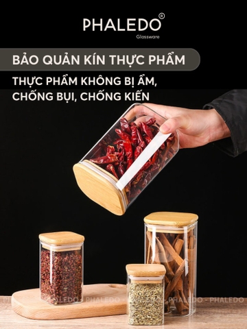 Lọ Thuỷ Tinh Có Nắp Gỗ Tre Borosilicate Chịu Nhiệt, Không Chứa Chì Cao Cấp PHALEDO - Nắp Vuông (PL-0372)
