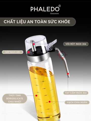 Bình đựng dầu ăn thuỷ tinh borosilicate có vòi & tay cầm inox 304, nắp đậy kín nhựa ABS đựng gia vị đa năng Phaledo - Gia dụng Plus