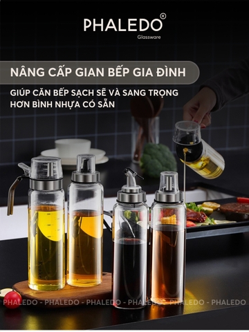 Bình đựng dầu ăn thuỷ tinh borosilicate có vòi & tay cầm inox 304, nắp đậy kín nhựa ABS đựng gia vị đa năng Phaledo - Gia dụng Plus