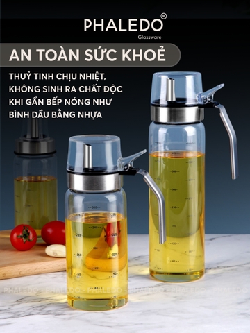 Bình đựng dầu ăn thuỷ tinh borosilicate có vòi & tay cầm inox 304, nắp đậy kín nhựa ABS đựng gia vị đa năng Phaledo - Gia dụng Plus