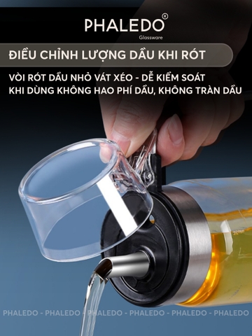 Bình đựng dầu ăn thuỷ tinh borosilicate có vòi & tay cầm inox 304, nắp đậy kín nhựa ABS đựng gia vị đa năng Phaledo - Gia dụng Plus