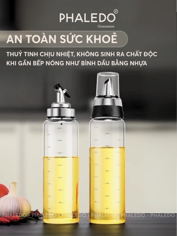 Chai đựng dầu ăn, nước mắm, nước tương thuỷ tinh borosilicate cao cấp, có nắp đậy kín & vòi chống trầy Phaledo