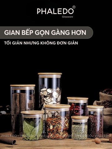 Lọ Thuỷ Tinh Có Nắp Gỗ Tre Borosilicate Chịu Nhiệt, Không Chứa Chì Cao Cấp PHALEDO (PL-0360)