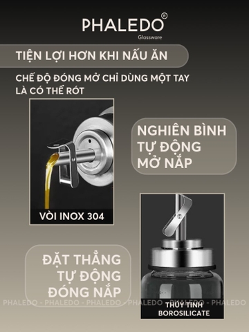 Lọ đựng dầu ăn tự mở nắp thông minh bằng thuỷ tinh boroslicate, vòi inox 304 cao cấp đa năng cho gia đình PHALEDO