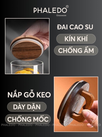 Hũ Thuỷ Tinh Nắp Kín Có Tay Cầm, Lọ Thuỷ Tinh Nắp Gỗ Borosilicate Chịu Nhiệt, Không Chứa Chì Cao Cấp PHALEDO (P-0361)