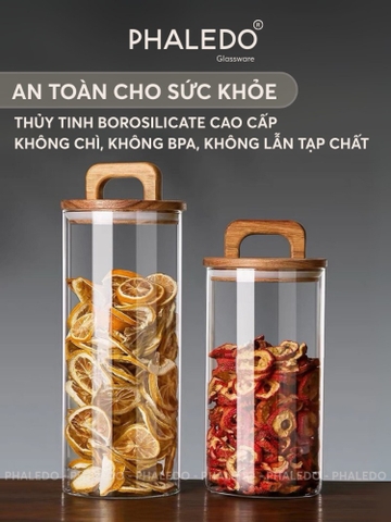 Hũ Thuỷ Tinh Nắp Kín Có Tay Cầm, Lọ Thuỷ Tinh Nắp Gỗ Borosilicate Chịu Nhiệt, Không Chứa Chì Cao Cấp PHALEDO (P-0361)
