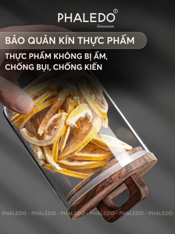 Hũ Thuỷ Tinh Nắp Kín Có Tay Cầm, Lọ Thuỷ Tinh Nắp Gỗ Borosilicate Chịu Nhiệt, Không Chứa Chì Cao Cấp PHALEDO (P-0361)