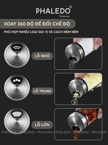 Lọ rắc gia vị tiêu, hạt nêm xoay 360 độ 3 chế độ bằng thuỷ tinh cao cấp boroslicate chịu nhiệt PHALEDO (P-0337)