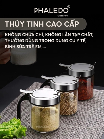 Hũ đựng gia vị thuỷ tinh borosilicate đa năng, nắp đậy inox 304 thông minh - tặng kèm muỗng Phaledo P-0328