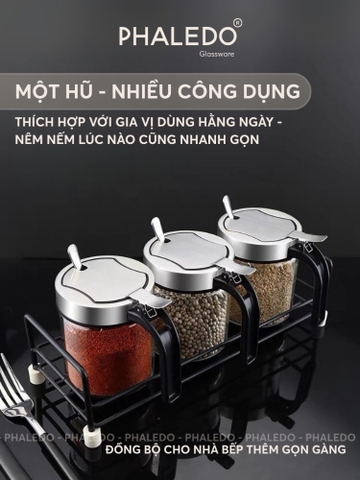 Hũ đựng gia vị thuỷ tinh borosilicate đa năng, nắp đậy inox 304 thông minh - tặng kèm muỗng Phaledo P-0328
