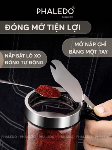 Hũ đựng gia vị thuỷ tinh borosilicate đa năng, nắp đậy inox 304 thông minh - tặng kèm muỗng Phaledo P-0328