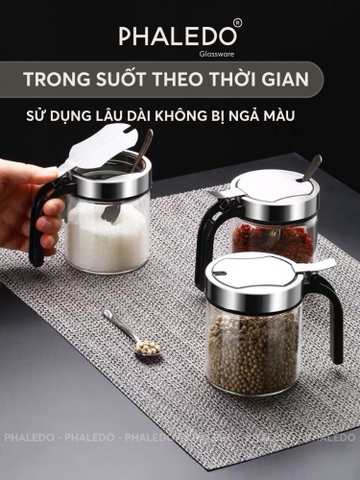Hũ đựng gia vị thuỷ tinh borosilicate đa năng, nắp đậy inox 304 thông minh - tặng kèm muỗng Phaledo P-0328