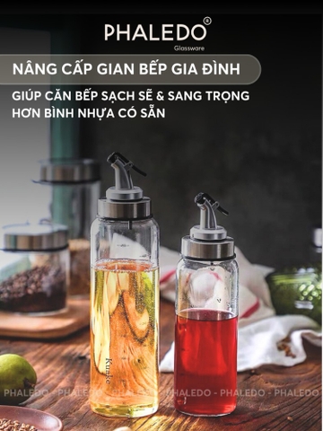 Lọ đựng dầu ăn, nước mắm thuỷ tinh boroslicate chịu lực & chịu nhiệt cao cấp, vòi nút bấm dùng 1 tay tiện lợi Phaledo