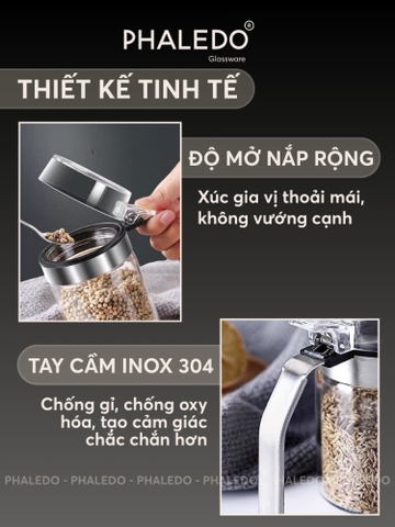 Hủ gia vị thuỷ tinh borosilicate - nắp đậy nhựa ABS kín 100% giúp chống ẩm & kiến bảo vệ gia vị an toàn Phaledo (P-0324)