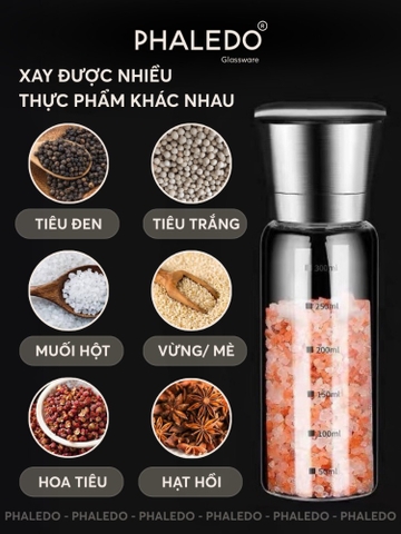 Hủ xay tiêu cầm tay inox 304, lọ thuỷ tinh boroslicate chịu nhiệt cao cấp có nút điều chỉnh độ mịn PHALEDO P-0321