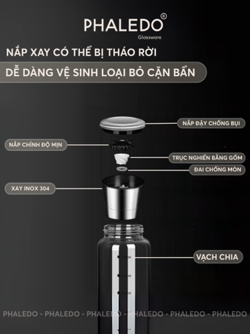 Hủ xay tiêu cầm tay inox 304, lọ thuỷ tinh boroslicate chịu nhiệt cao cấp có nút điều chỉnh độ mịn PHALEDO P-0321