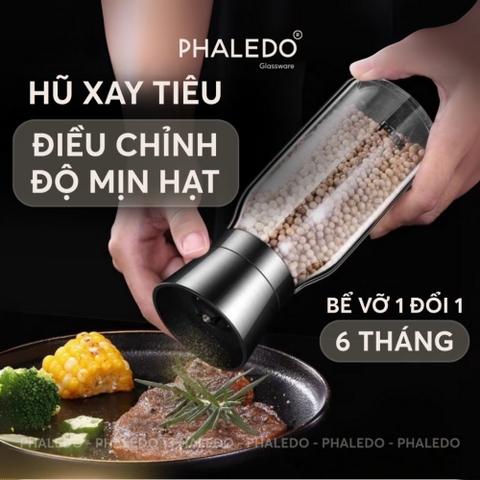 Hủ xay tiêu cầm tay inox 304, lọ thuỷ tinh boroslicate chịu nhiệt cao cấp có nút điều chỉnh độ mịn PHALEDO P-0321