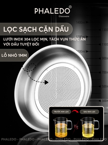 Ca Lọc Dầu Ăn Thuỷ Tinh Borosilicate, Bình Lọc Dầu Ăn Nắp Inox 304 Cao Cấp Dung Tích Lớn (800ML, 1000ML, 1300ML) PHALEDO