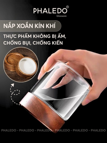 Hũ Thuỷ Tinh Có Nắp Xoắn Gỗ Keo Đựng Đồ Đa Năng Như Trà, Cafe, Đồ Ăn... Cho Gia Đình Decor Sang Trọng PHALEDO (P-0362)
