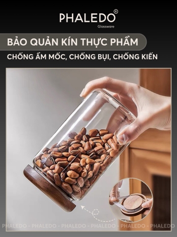 Lọ Thuỷ Tinh Có Nắp Gỗ Bo Tròn Với Chất Liệu Thuỷ Tinh Borosilicate Chịu Nhiệt, Không Chứa Chì Cao Cấp PHALEDO (P-0363)