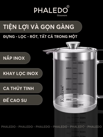 Ca Lọc Dầu Ăn Thuỷ Tinh Borosilicate, Bình Lọc Dầu Ăn Nắp Inox 304 Cao Cấp Dung Tích Lớn (800ML, 1000ML, 1300ML) PHALEDO