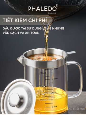 Ca Lọc Dầu Ăn Thuỷ Tinh Borosilicate, Bình Lọc Dầu Ăn Nắp Inox 304 Cao Cấp Dung Tích Lớn (800ML, 1000ML, 1300ML) PHALEDO