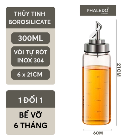 Bình đựng dầu ăn thuỷ tinh borosilicate có vòi & tay cầm inox 304, nắp đậy kín nhựa ABS đựng gia vị đa năng Phaledo - Gia dụng Plus