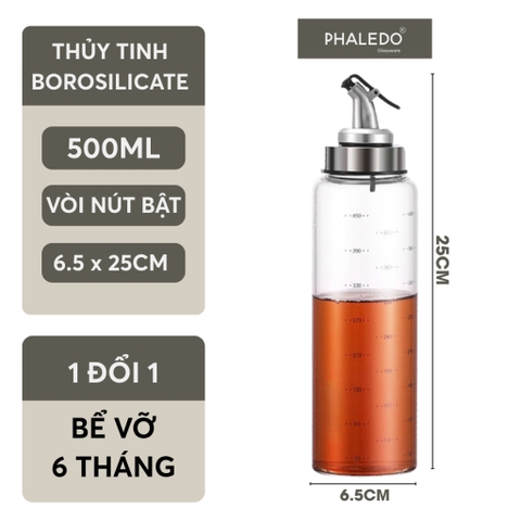 Bình đựng dầu ăn thuỷ tinh borosilicate có vòi & tay cầm inox 304, nắp đậy kín nhựa ABS đựng gia vị đa năng Phaledo - Gia dụng Plus