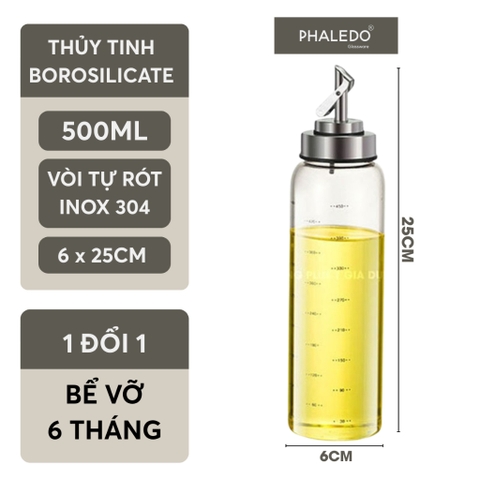 Bình đựng dầu ăn thuỷ tinh borosilicate có vòi & tay cầm inox 304, nắp đậy kín nhựa ABS đựng gia vị đa năng Phaledo - Gia dụng Plus