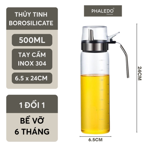 Bình đựng dầu ăn thuỷ tinh borosilicate có vòi & tay cầm inox 304, nắp đậy kín nhựa ABS đựng gia vị đa năng Phaledo - Gia dụng Plus