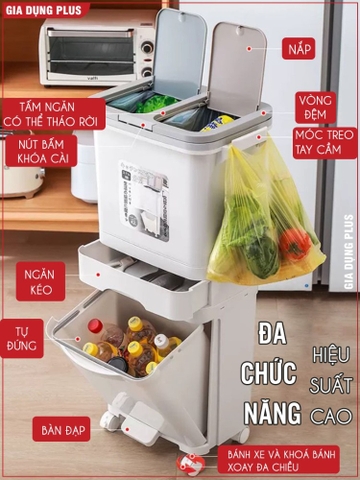 Thùng rác 3 tầng thông minh LAZYDO xuất Nhật – Phân loại rác, dung tích lớn 42L, có bánh xe