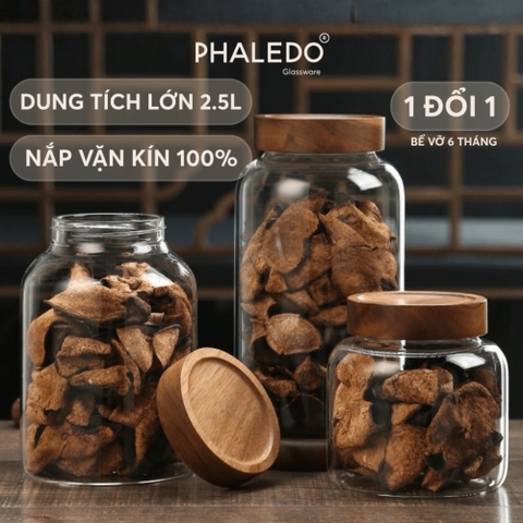 HŨ THỦY TINH BOROSILICATE CỔ CAO XOẮN NẮP GỖ KEO DUNG TÍCH LỚN PHALEDO (PL-0373A)