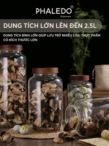 HŨ THỦY TINH BOROSILICATE CỔ CAO XOẮN NẮP GỖ KEO DUNG TÍCH LỚN PHALEDO (PL-0373A)