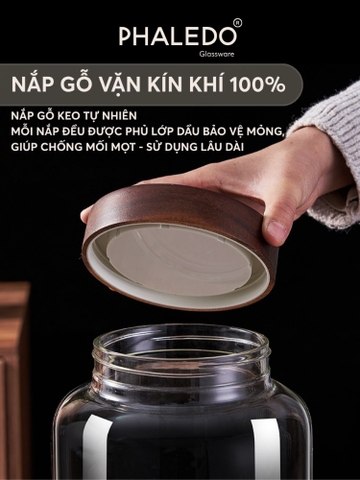 HŨ THỦY TINH BOROSILICATE CỔ CAO XOẮN NẮP GỖ KEO DUNG TÍCH LỚN PHALEDO (PL-0373A)