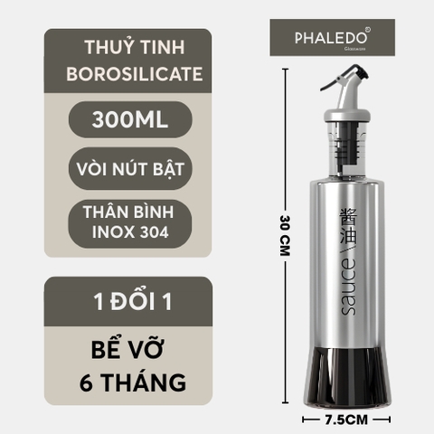 Bình đựng dầu ăn thuỷ tinh borosilicate có vòi & tay cầm inox 304, nắp đậy kín nhựa ABS đựng gia vị đa năng Phaledo - Gia dụng Plus