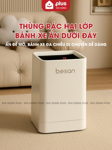 Thùng rác 2 lớp thông minh, dung tích 12L, có bánh xe ẩn, thùng rác nhựa PP cao cấp BESAN