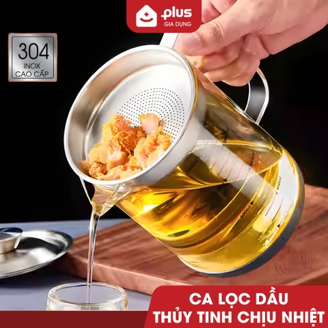 Ca Lọc Dầu Ăn Thuỷ Tinh Borosilicate, Bình Lọc Dầu Ăn Nắp Inox 304 Cao Cấp Dung Tích Lớn (800ML, 1000ML, 1300ML) PHALEDO