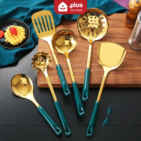 🔴OUTLET | Bộ muỗng canh, muỗng lẩu, xẻng, thìa bằng inox 304, tay cán sứ xanh ngọc lục bảo cao cấp