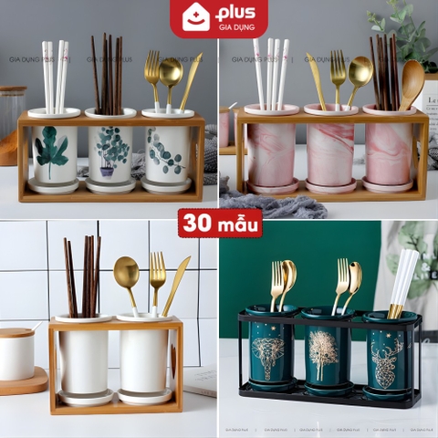 🔴OUTLET | Kệ đựng ống đũa bằng gốm sứ - kệ gỗ, có đĩa hứng nước sạch sẽ phong cách Bắc Âu