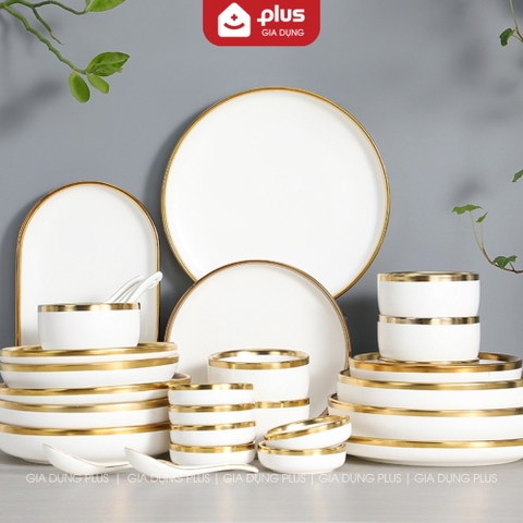 🔴OUTLET | Chén, bát, tô, đĩa sứ xanh ngọc lục bảo viền vàng phong cách Bắc Âu cao cấp
