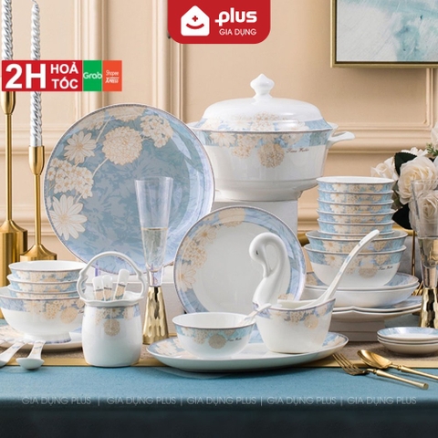 🔴OUTLET | Bộ chén bát sứ TAM HOA (Three Flowers) cao cấp nhập khẩu - Set 10 người ăn gồm chén, bát, đĩa, tô, nồi, muỗng,
